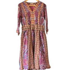 Soft Surroundings Vibrant Paisley Long Sleeve Dress Bohemian Embroidered Hippie